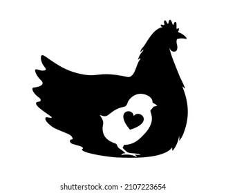 Hen und Küken Silhouette. Agrarschild, Logo, Emblem oder Abzeichen. Mama Hühnchen, Vektorgrafik. Hühnerbauernsymbol.