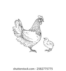 Hen with chick vector illustration hand drawn with ink and isolated on white background. Graphic sketch of chicken. For farm products and eggs packaging design