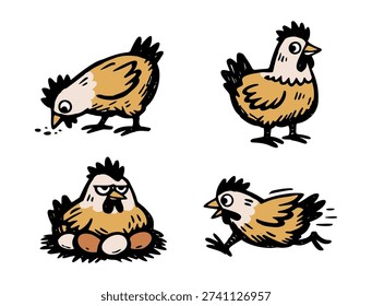 Hen Chicken Animal Vector Set Cute Funny Farm Domestic Activities Pose Cartoon Illustration
