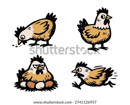 Hen Chicken Animal Vector Set Cute Funny Farm Domestic Activities Pose Cartoon Illustration
