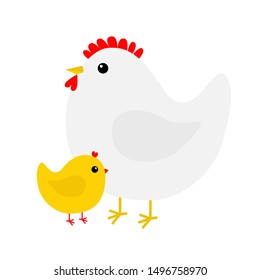 Hen And Chicken Bird Icon Set. Mother And Baby. Happy Easter. Cute Cartoon Funny Kawaii Chick Character. Flat Design