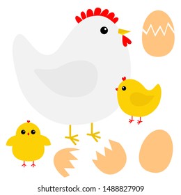 Hen chicken broken cracked egg bird icon. Happy Easter. Cute cartoon funny kawaii baby chick character. Flat design. Greeting card. Yellow color. White background. Isolated. Vector illustration