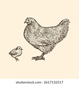 Hen chicken chick sketch outline illustration. Farm chicken doodle drawing in engraving style. Hand drawn vector line art clipart