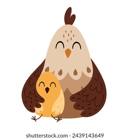 Hen and chicken clipart. Happy Mothers day clipart. Mom and baby animals in cartoon flat style. Hand drawn vector illustration.