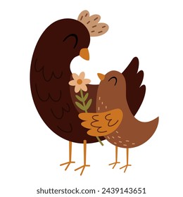 Gallina y pollo clipart. Feliz día de la madre clipart. Animales de mamá y bebé en estilo plano de dibujos animados. Dibujado a mano ilustración vectorial.