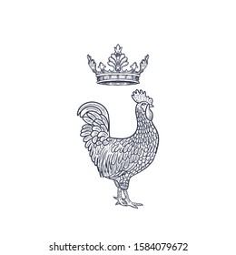 Hen or chicken with Crown hand drawn with contour lines on white background. Elegant monochrome drawing of domestic farm poultry bird. illustration in vintage woodcut, engraving style. Vector
