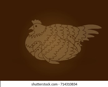 Hen with chicken designed using dots pixels graphic vector.