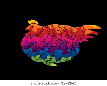 Hen with chicken designed using melting colors graphic vector