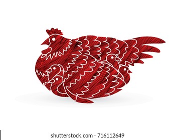 Hen with chicken designed using red grunge brush graphic vector