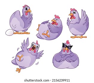 Hen, chicken with different emotions, set of vector illustrations 