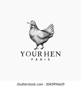 Hen, chicken draw logo for classic restaurant