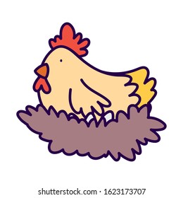 hen chicken with eggs in the nest farm animal cartoon vector illustration