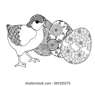 Hen chicken with floral patterned easter eggs,  doodle for Easter feast, zentagle vector design for adult colouring book
