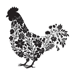 Hen Chicken Flower Pattern Isolated Black Silhouette Hen White Background Vector Illustration