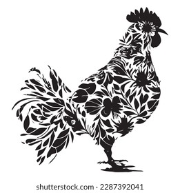 Hen chicken flower pattern Isolated black silhouette hen white background Vector Illustration