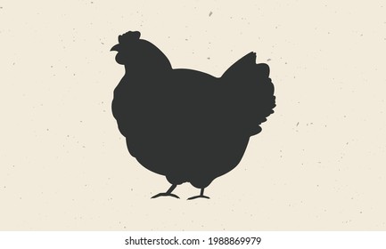 Hen, Chicken icon. Black chicken silhouette isolated on a light background. The farm animal designed for emblems, badges, posters. Butchery, Meat Shop, Grocery store. Vector illustration