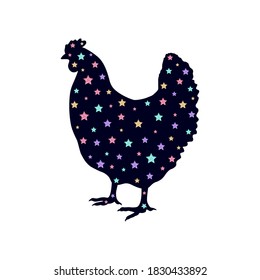 Hen, chicken icon. Black sparkle silhouette with colorful stars. Vector isolated. 