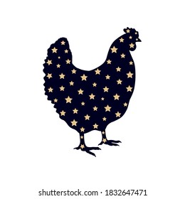 Hen, chicken icon. Black sparkle silhouette with golden stars. Vector isolated. 
