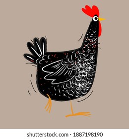 Hen chicken line hand drawn vector illustration. Black and white, chicken,rough, line art.