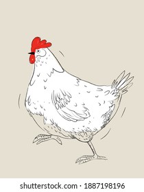 Hen chicken line hand drawn vector illustration. Black and white, chicken,rough, line art.