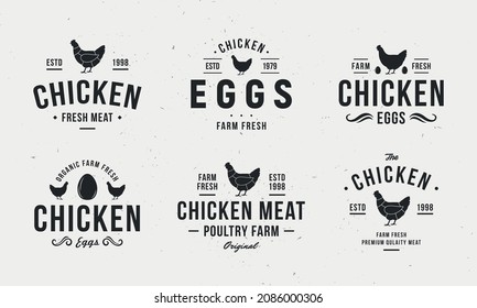 Hen, Chicken logo set. Collection of vintage chicken emblems, labels for package, butchery, grocery store design. Chicken eggs, meat logo templates. Vector illustration