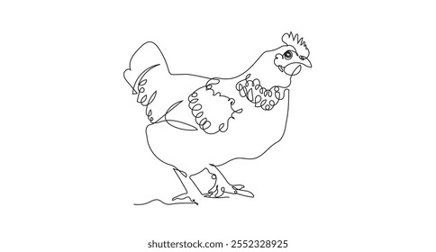 gallina y aves de corral. Dibujo minimalista moderno de una línea