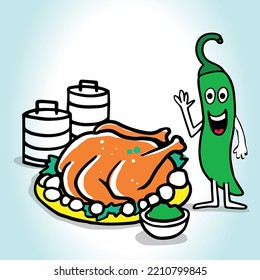 Hen, chicken, Roasted chicken, green chili, Chick meat prepared at the grill, Satisfying food, Isolated on white background. Eps10 vector illustration.