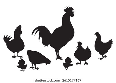 Hen or Chicken, rooster and chicks silhouette set. hen, rooster and chicks isolated farm animal silhouette icon vector collection.