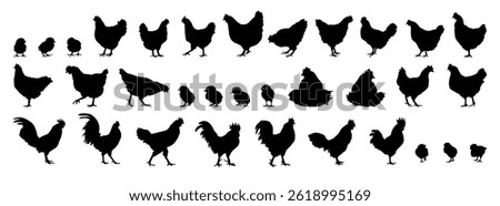 hen or chicken, rooster and chicks silhouette set. hen, rooster and chicks isolated farm animal silhouette icon vector collection. Vector illustration