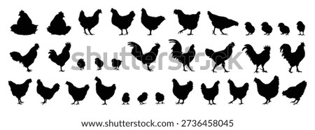 hen or chicken, rooster and chicks silhouette set. hen, rooster and chicks isolated farm animal silhouette icon vector collection. Vector illustration