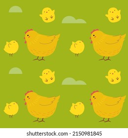 Hen and chicken seamless pattern on green background.