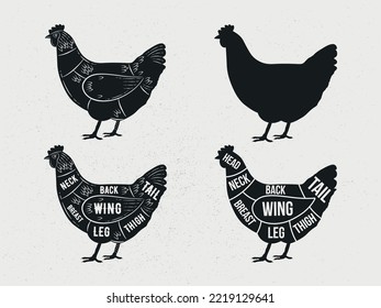 Hen, Chicken set. Hen silhouette. Chicken - butcher diagram template. Cuts of Chicken. Vintage Poster for groceries, butcher shop, meat store. Vector illustration