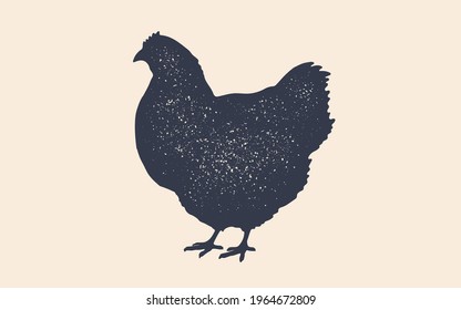 Hen or chicken silhouette. Vintage logo, retro print