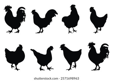 Hen, chicken silhouettes set isolated flat vector illustration on white background