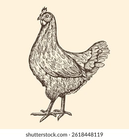 Hen chicken sketch outline illustration. Farm chicken doodle drawing in engraving style. Hand drawn vector line art clipart