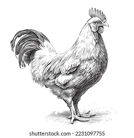 Hen chicken standing engraved hand drawn sketch Vector illustration.