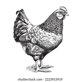 Hen chicken standing hand drawn sketch.Vector illustration.