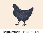 Hen, chicken. Vintage logo, retro print, poster for Butchery meat shop, hen silhouette. Logo template for meat business, meat shop. Isolated black silhouette hen, white background. Vector Illustration