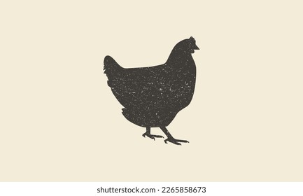 Hen, chicken. Vintage logo, retro print, poster for Butchery meat shop, hen silhouette. Logo template for meat business, meat shop. Isolated black silhouette hen, white background. Vector Illustration