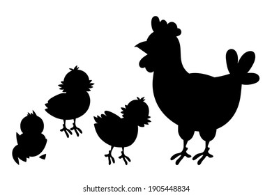 Hen and chickens, black silhouette. Vector illustration isolated on white background.