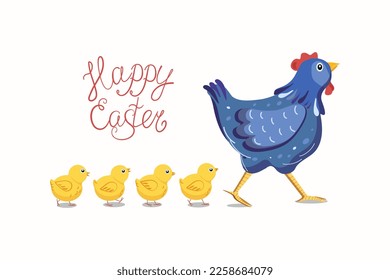 Hen, chickens . Cartoon chicken, Inscription, text. Easter card design.  Vector flat illustration. Easter.