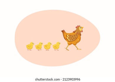 Hen, chickens and egg. Vector flat illustration. Easter.