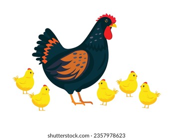 Hen with chickens isolated on white, cartoon vector illustration