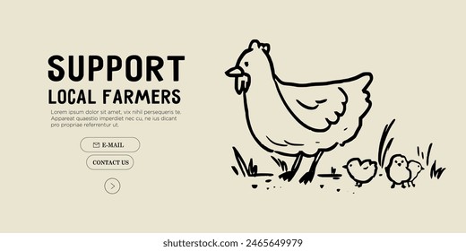 Hen with chickens at local farm vector line illustration. Village scene. Countryside and agriculture, farmer eco products. Minimal simple line contemporary vector illustration. Eat local concept.