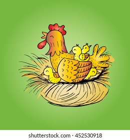  Hen with chickens sitting in a basket. Sketchy style.