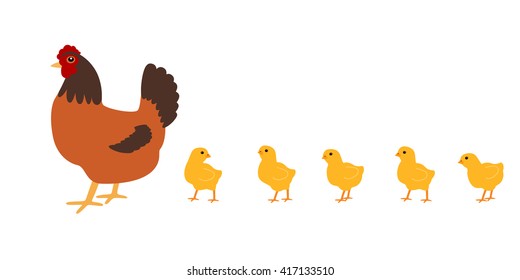 Hen with chickens. White background. Isolated. Vector Image.