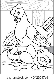 Hen with chicks. Hen in the barn looks like chicks hatch, near two eggs, straw. Coloring page