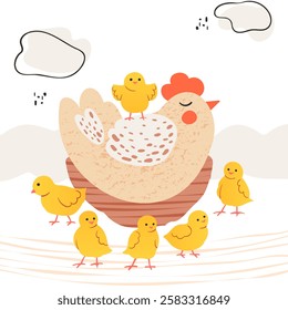 Hen with chicks. Cute children's vector illustration. Poultry, cartoon characters in the poultry yard