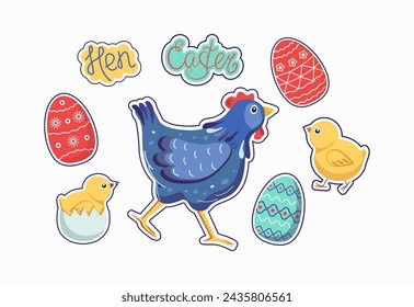 Hen, chicks, Easter eggs. Inscription. Stickers cartoon animals, poultry. Vector flat illustration. Easter. Background isolated.