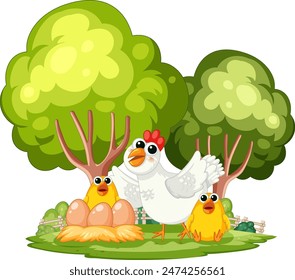 Hen with chicks and eggs under trees